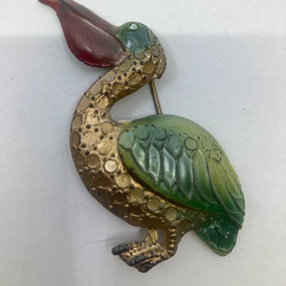Vtg 1940 CORO pewter enamel pelican bird brooch - Picture 1 of 2